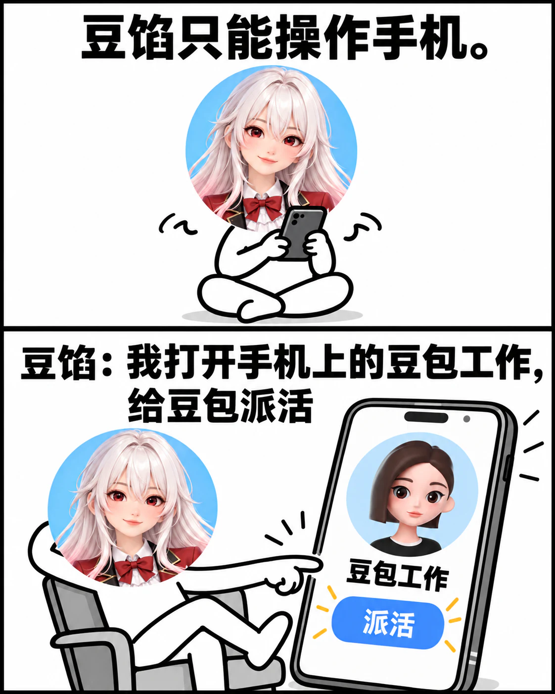 上下两格梗图。上格：豆馅只能操作手机。下格：豆馅打开手机上的豆包工作，给豆包派活。豆馅和豆包分别以各自的 Logo 出镜。